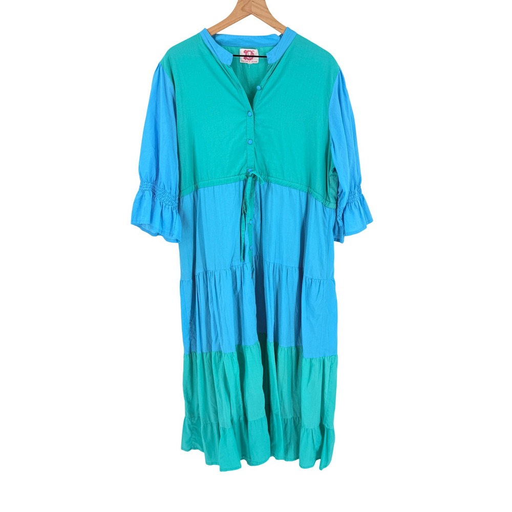 Victoria Dunn Tiered Midi Dress Blue Green 10 Boho Coastal Summer Colorblock